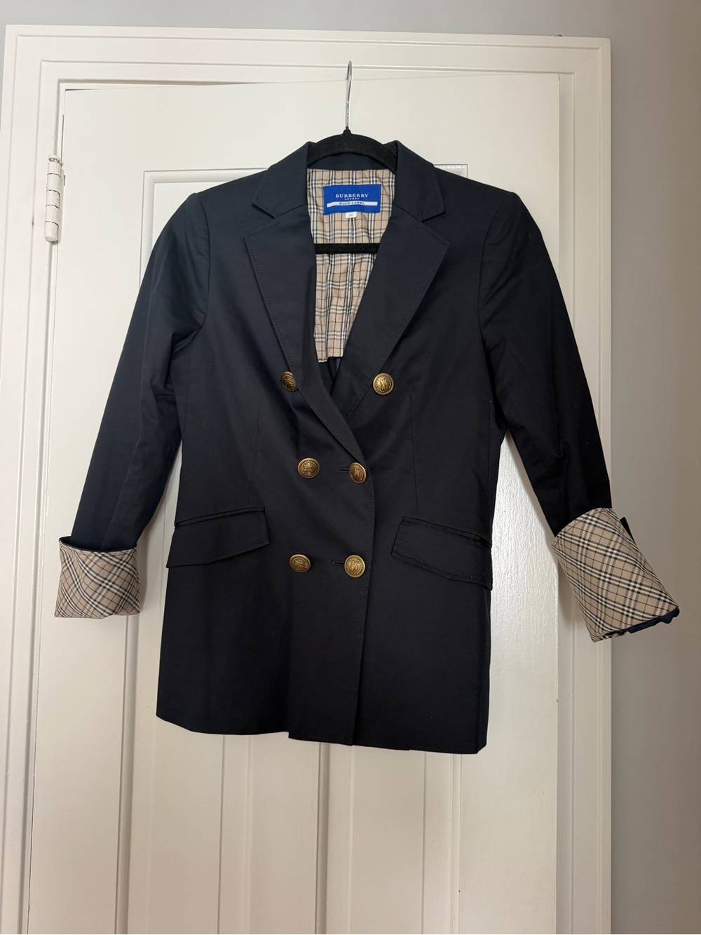 Burberry Black Double-Breasted Blazer with Plaid Lining fit USA small